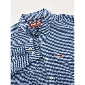 Simms Button Up Shirt Mens Small Blue Check Long Sleeve Outdoors Fishing Comfort